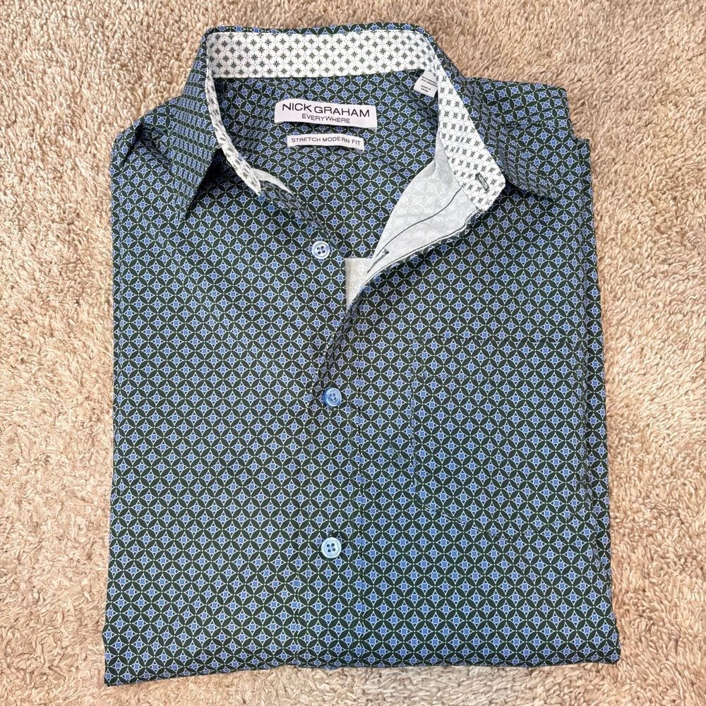 NWOT NICK GRAHAM Green and Blue Printed Dress Shirt S
